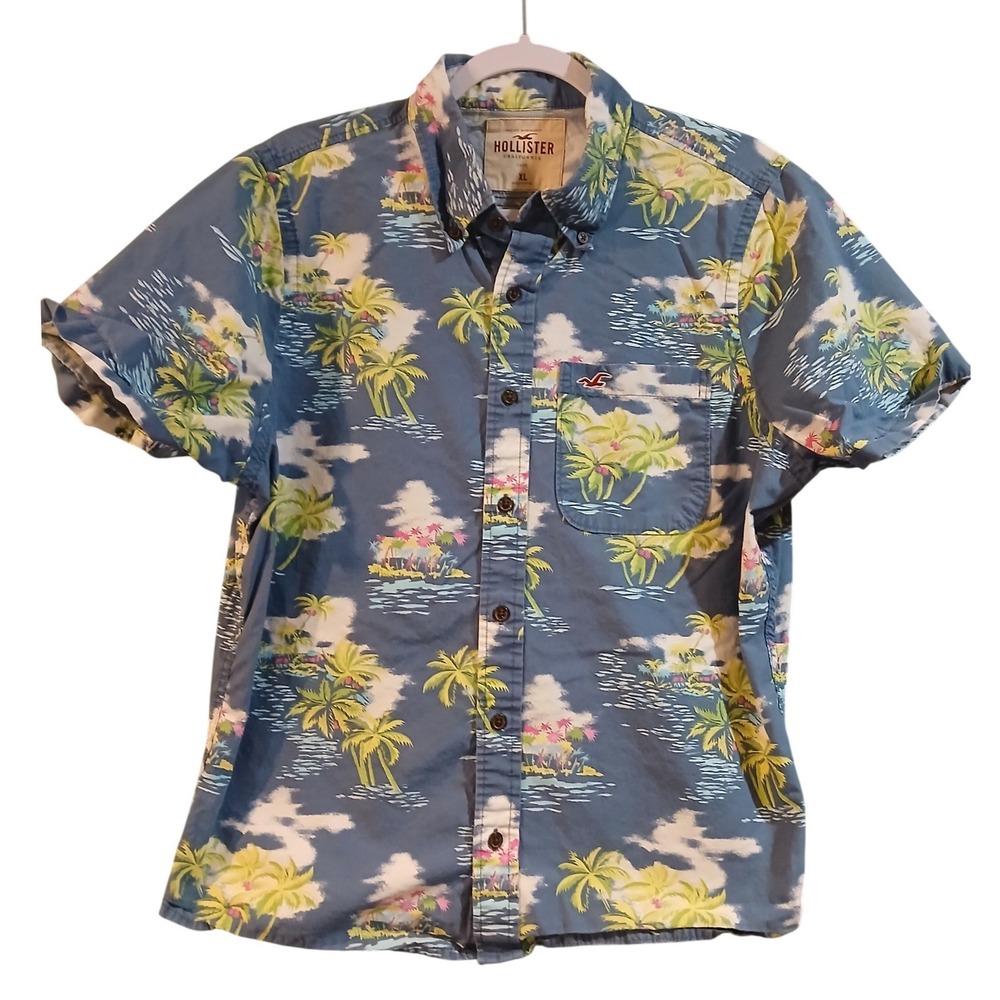 Hollister Kids XL Blue Tropical Palm Tree Island Short Sleeve Button Down Shirt